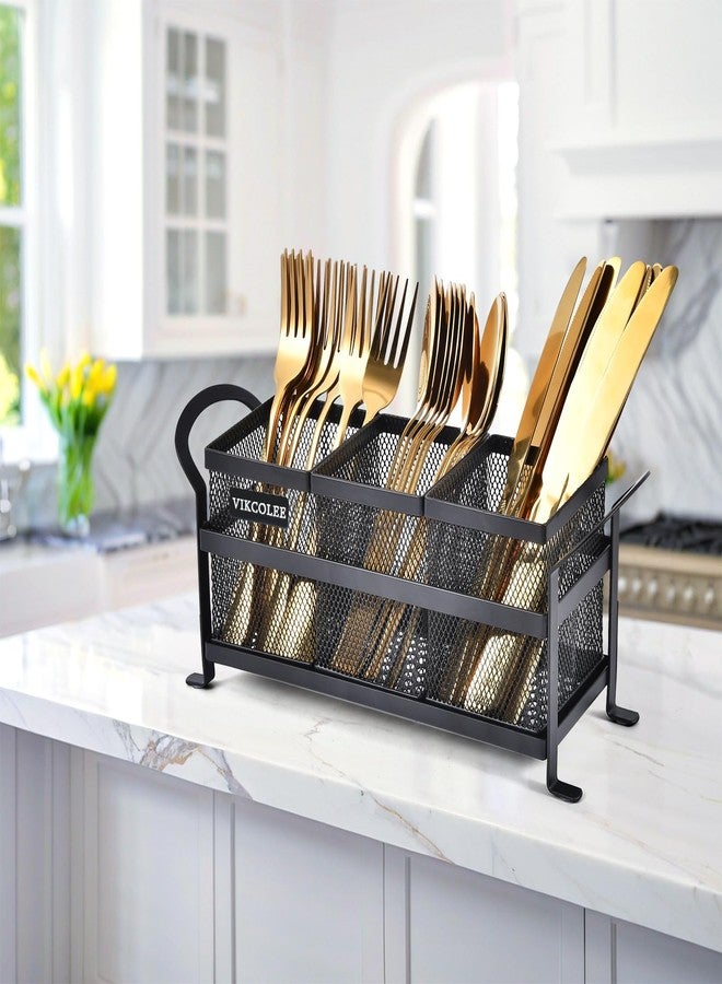 VIKCOLEE Kitchen Utensil Holder, Silverware Organizer Holder, Compact Metal Organizer for Flatware, Spoons, Forks, and Knives - 3 Separate Compartments Perfect for Kitchen Countertop- Black - Image 3